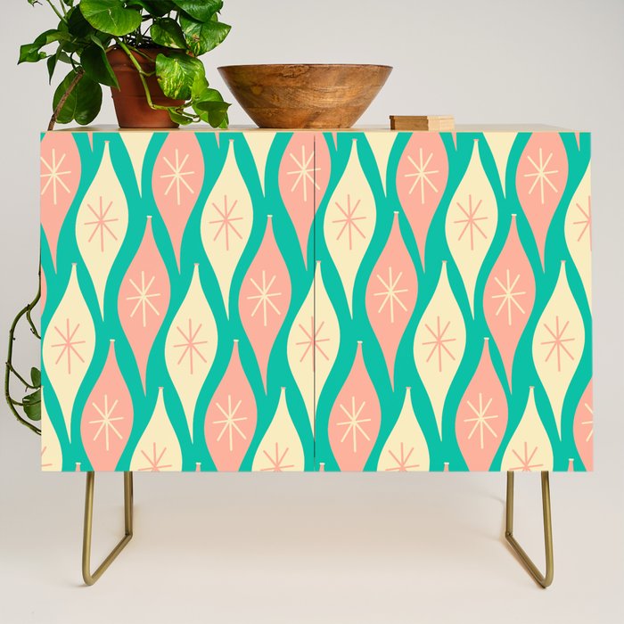 Mid Century Modern Atomic Christmas Abstract Ornaments Blush Pink and Bright Teal Pattern Credenza Gallery Image 1