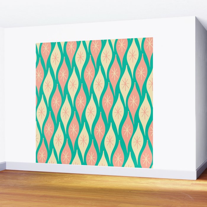 Mid Century Modern Atomic Christmas Abstract Ornaments Blush Pink and Bright Teal Pattern Wall Mural Gallery Image 2