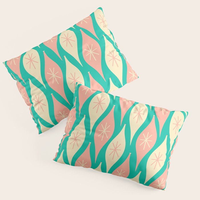 Mid Century Modern Atomic Christmas Abstract Ornaments Blush Pink and Bright Teal Pattern Pillow Sham Gallery Image 3
