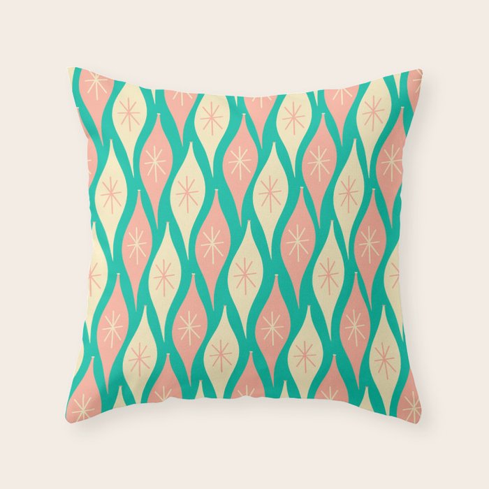 Mid Century Modern Atomic Christmas Abstract Ornaments Blush Pink and Bright Teal Pattern Throw Pillow Gallery Image 6