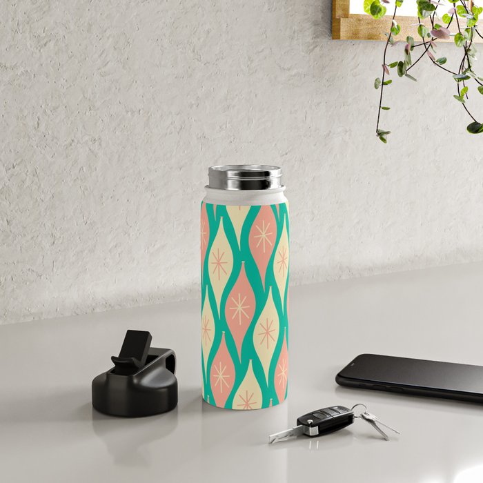 Mid Century Modern Atomic Christmas Abstract Ornaments Blush Pink and Bright Teal Pattern Water Bottle Gallery Image 4