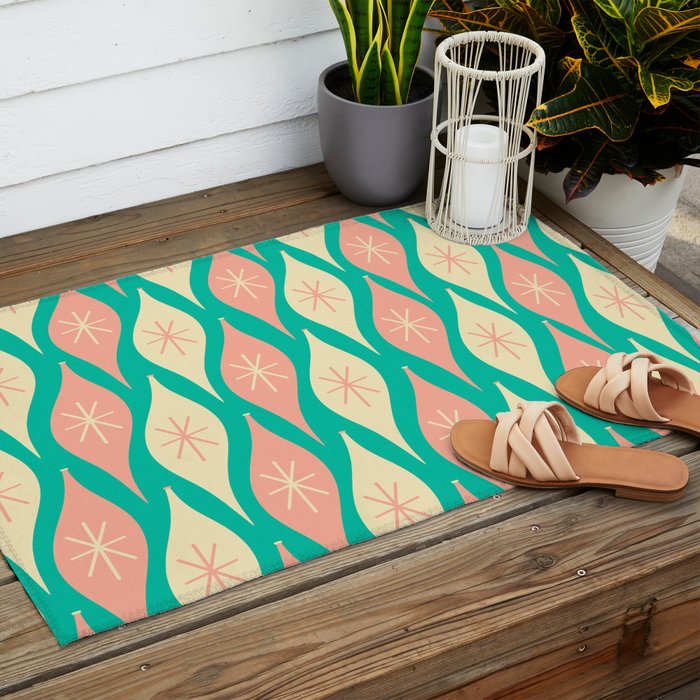 Mid Century Modern Atomic Christmas Abstract Ornaments Blush Pink and Bright Teal Pattern Outdoor Rug Gallery Image 2