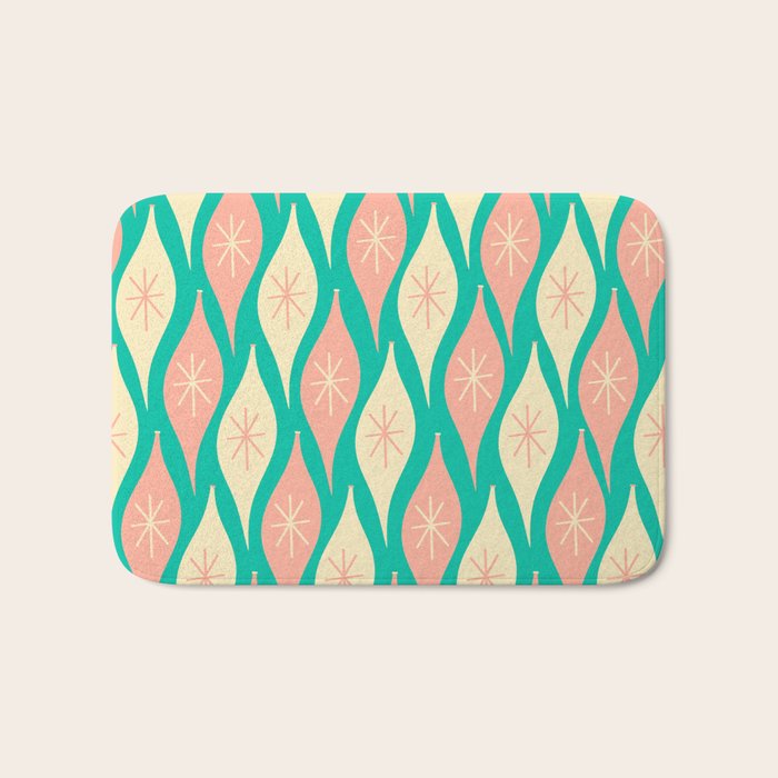 Mid Century Modern Atomic Christmas Abstract Ornaments Blush Pink and Bright Teal Pattern Bath Mat Gallery Image 1