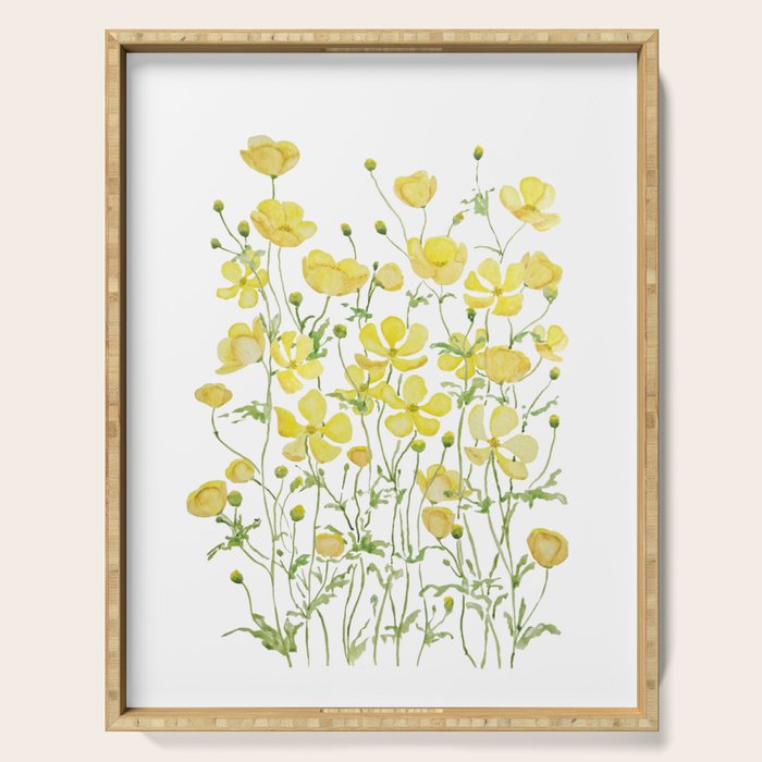 yellow buttercup flowers filed watercolor  Serving Tray Gallery Image 1