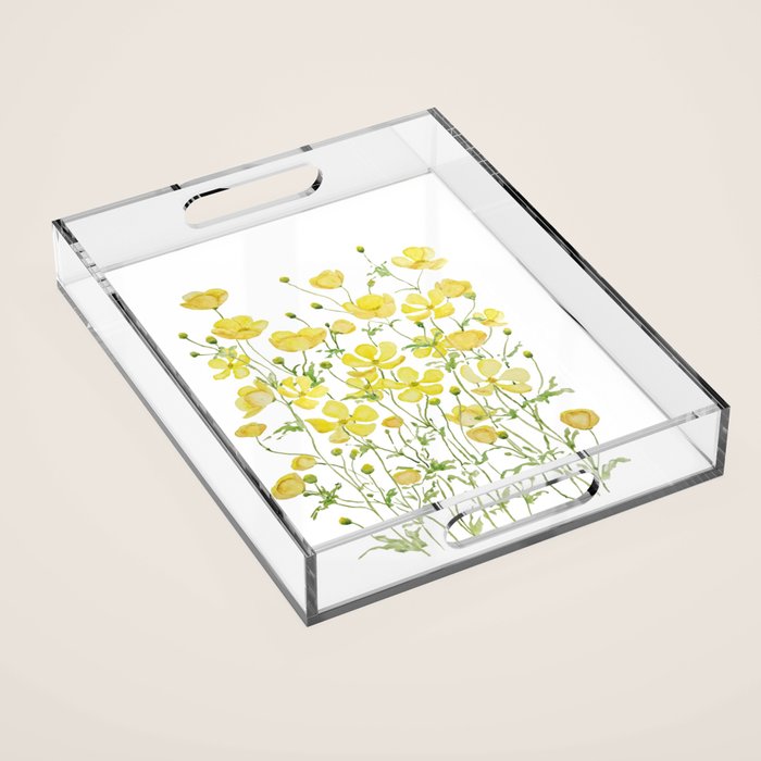 yellow buttercup flowers filed watercolor  Acrylic Tray Gallery Image 1