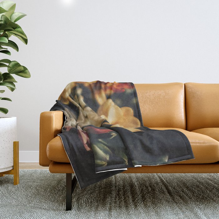 Flower Photography - Mixed Floral Bouquet - Pink Yellow Flowers - Elegant Dark Dramatic Floral print Throw Blanket Gallery Image 1