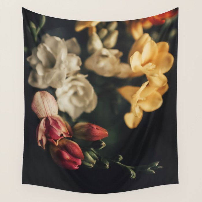 Flower Photography - Mixed Floral Bouquet - Pink Yellow Flowers - Elegant Dark Dramatic Floral print Wall Tapestry Gallery Image 1