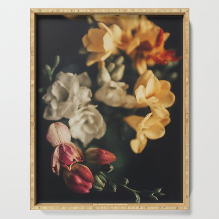 Flower Photography - Mixed Floral Bouquet - Pink Yellow Flowers - Elegant Dark Dramatic Floral print Serving Tray Gallery Image 1