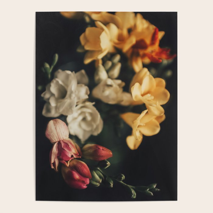 Flower Photography - Mixed Floral Bouquet - Pink Yellow Flowers - Elegant Dark Dramatic Floral print Poster Gallery Image 4