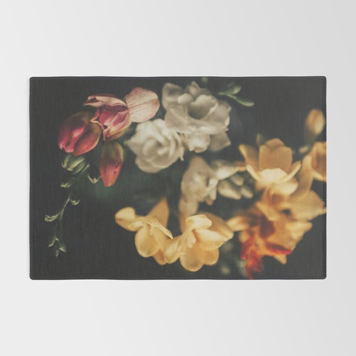 Flower Photography - Mixed Floral Bouquet - Pink Yellow Flowers - Elegant Dark Dramatic Floral print Rug Gallery Image 2