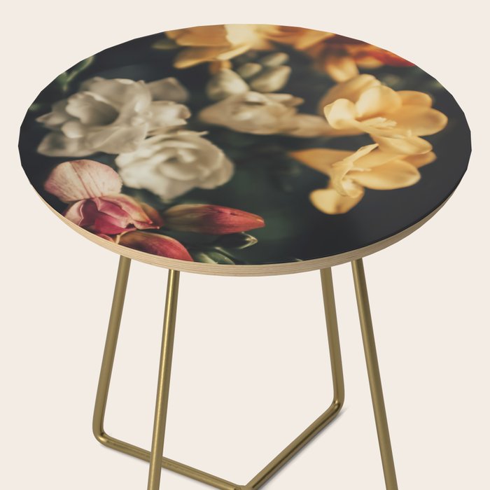 Flower Photography - Mixed Floral Bouquet - Pink Yellow Flowers - Elegant Dark Dramatic Floral print Side Table Gallery Image 2