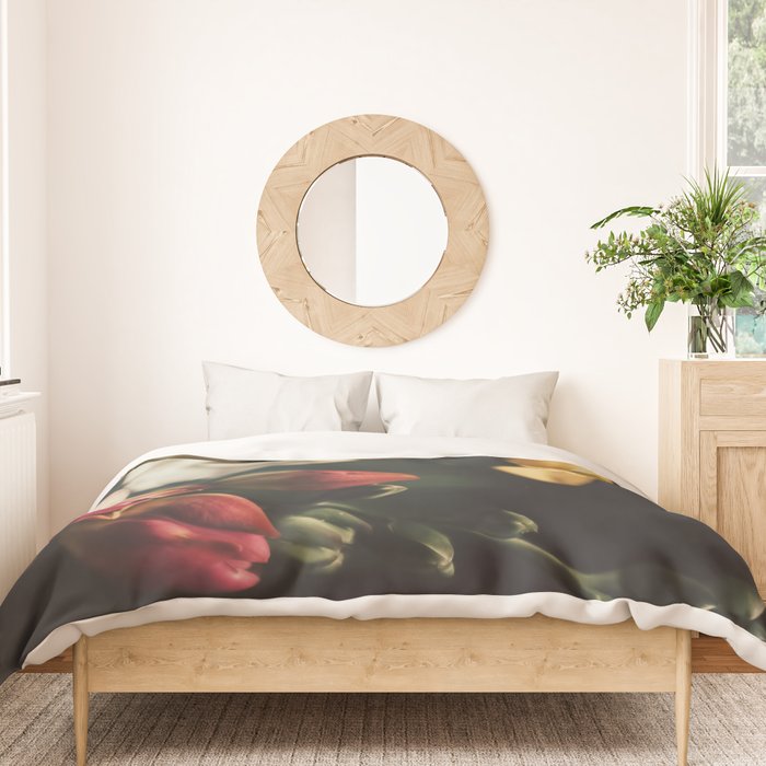 Flower Photography - Mixed Floral Bouquet - Pink Yellow Flowers - Elegant Dark Dramatic Floral print Duvet Cover Gallery Image 3