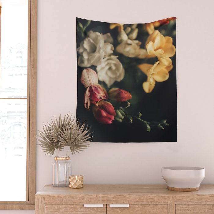 Flower Photography - Mixed Floral Bouquet - Pink Yellow Flowers - Elegant Dark Dramatic Floral print Wall Tapestry Gallery Image 2