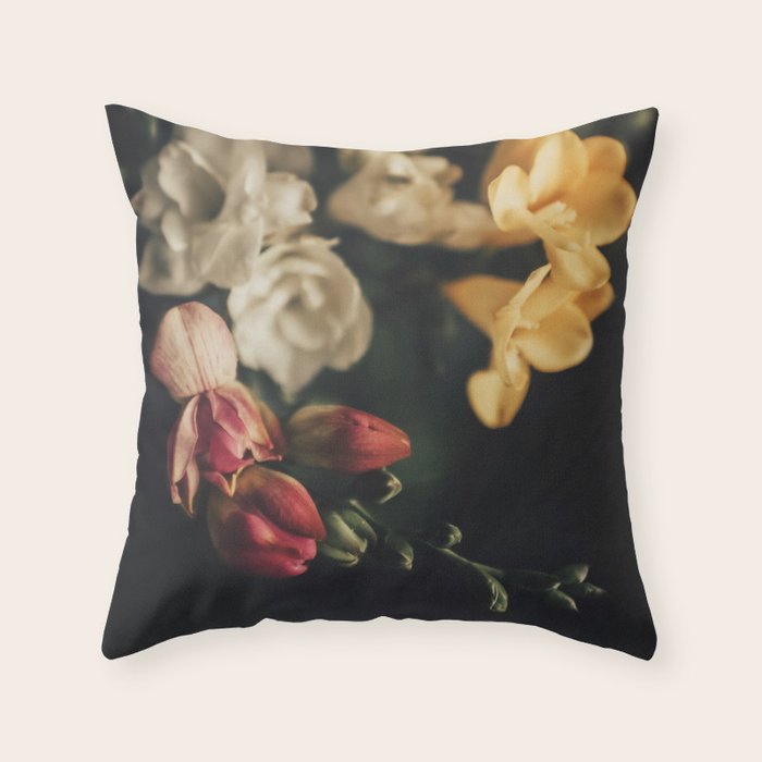 Flower Photography - Mixed Floral Bouquet - Pink Yellow Flowers - Elegant Dark Dramatic Floral print Throw Pillow Gallery Image 6