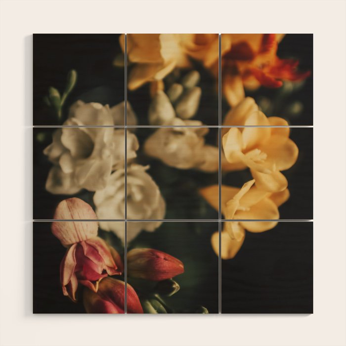 Flower Photography - Mixed Floral Bouquet - Pink Yellow Flowers - Elegant Dark Dramatic Floral print Wood Wall Art Gallery Image 1