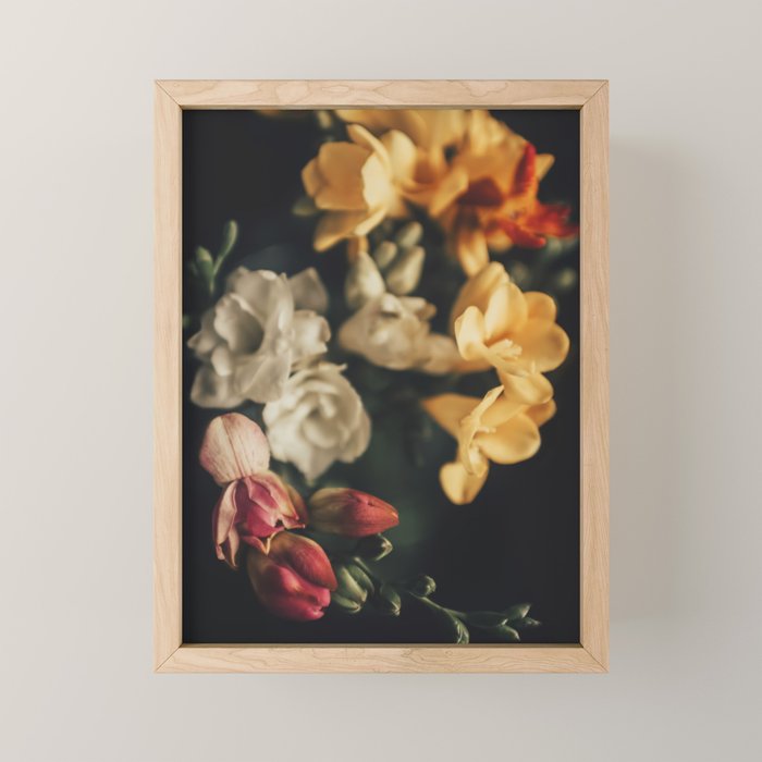 Flower Photography - Mixed Floral Bouquet - Pink Yellow Flowers - Elegant Dark Dramatic Floral print Mini Art Print Gallery Image 1