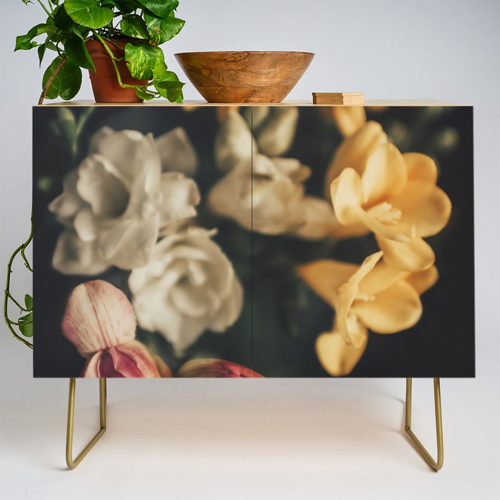 Flower Photography - Mixed Floral Bouquet - Pink Yellow Flowers - Elegant Dark Dramatic Floral print Credenza Gallery Image 1