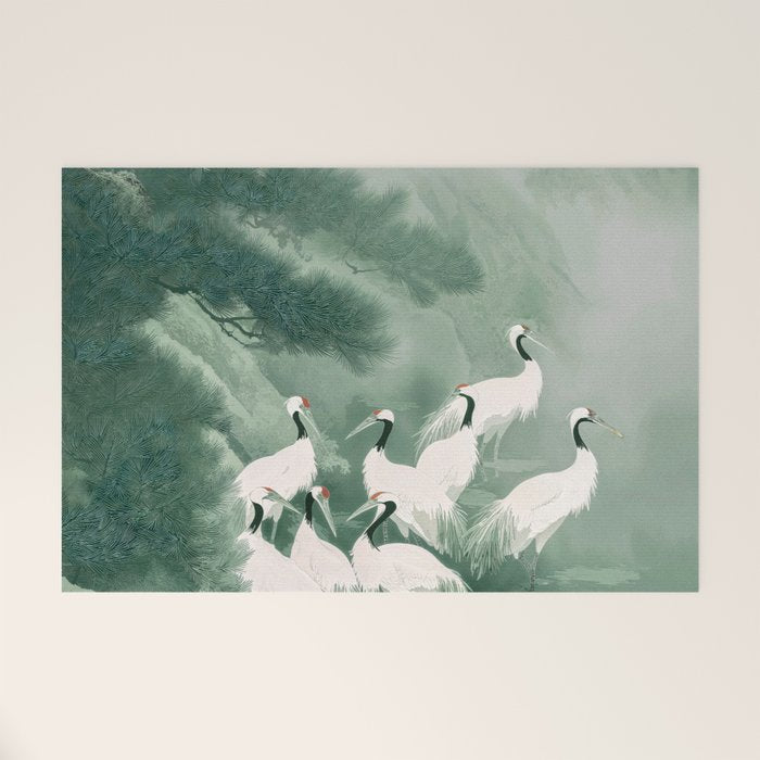 Japandi Wall Art chinoiserie Bird Poster Japanese wabi Sabi sage Green Forest maximalist Painting Welcome Mat Gallery Image 1