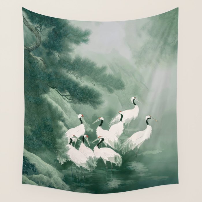 Japandi Wall Art chinoiserie Bird Poster Japanese wabi Sabi sage Green Forest maximalist Painting Wall Tapestry Gallery Image 4