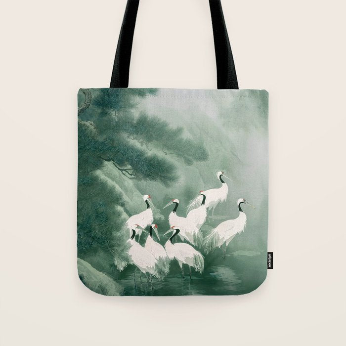 Japandi Wall Art chinoiserie Bird Poster Japanese wabi Sabi sage Green Forest maximalist Painting Tote Bag Gallery Image 1