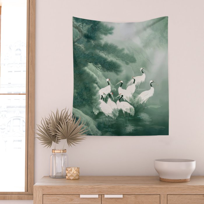 Japandi Wall Art chinoiserie Bird Poster Japanese wabi Sabi sage Green Forest maximalist Painting Wall Tapestry Gallery Image 2