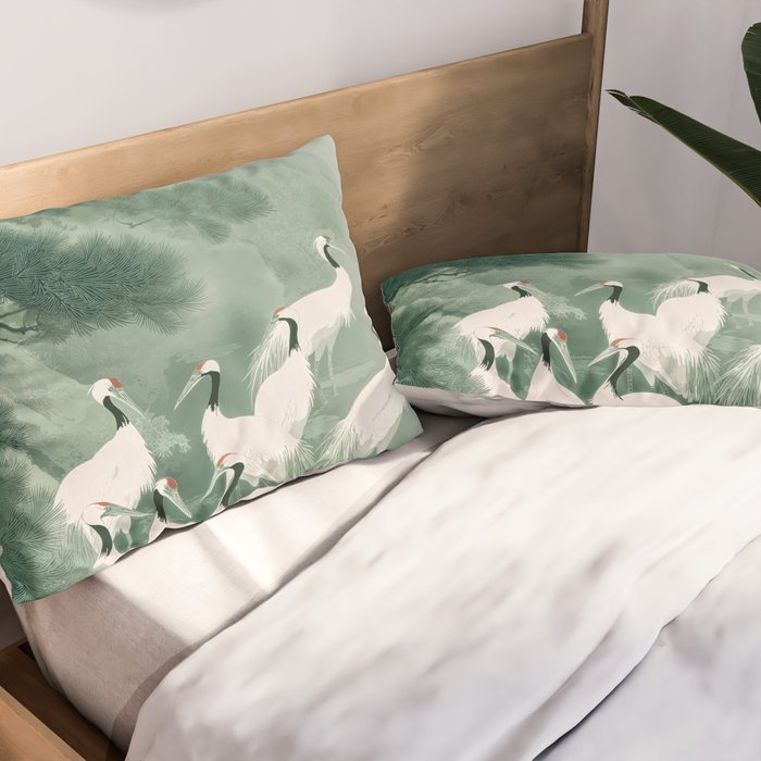 Japandi Wall Art chinoiserie Bird Poster Japanese wabi Sabi sage Green Forest maximalist Painting Pillow Sham Gallery Image 2