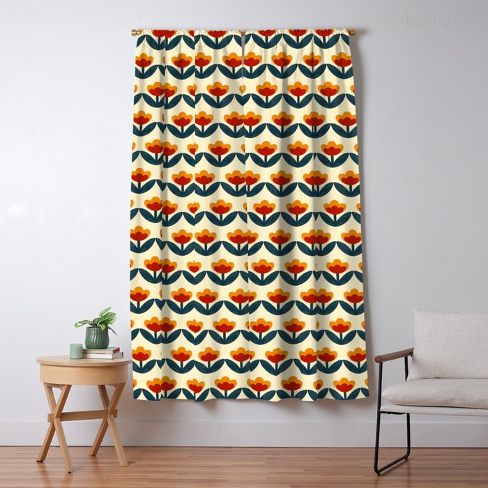 Retro 70s Floral Pattern in Mid-Century Red, Marigold, and Navy  Window Curtain Gallery Image 5