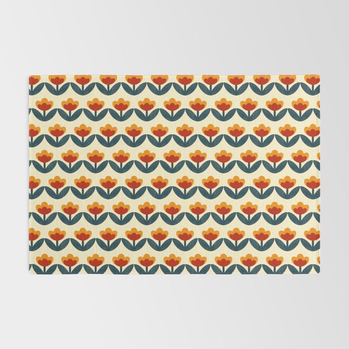 Retro 70s Floral Pattern in Mid-Century Red, Marigold, and Navy  Rug Gallery Image 2