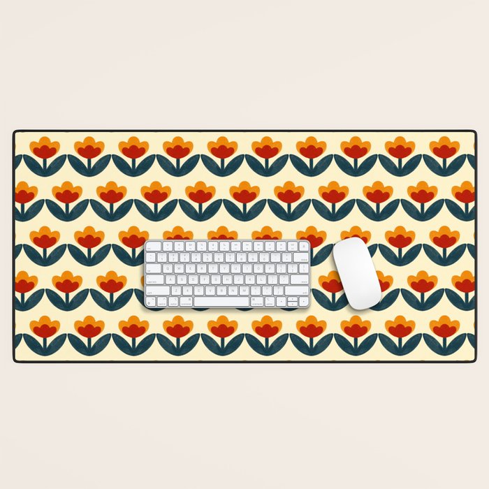 Retro 70s Floral Pattern in Mid-Century Red, Marigold, and Navy  Desk Mat Gallery Image 1