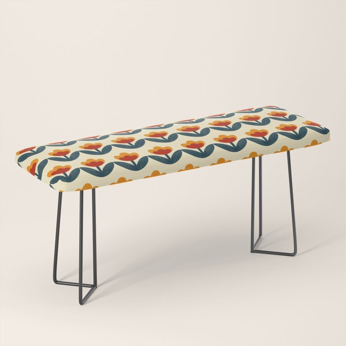 Retro 70s Floral Pattern in Mid-Century Red, Marigold, and Navy  Bench Gallery Image 1