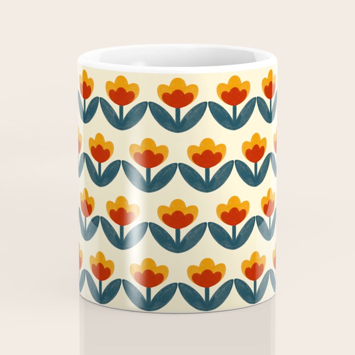 Retro 70s Floral Pattern in Mid-Century Red, Marigold, and Navy  Coffee Mug Gallery Image 4