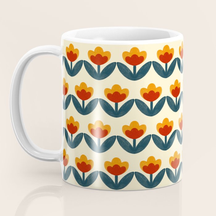 Retro 70s Floral Pattern in Mid-Century Red, Marigold, and Navy  Coffee Mug Gallery Image 3