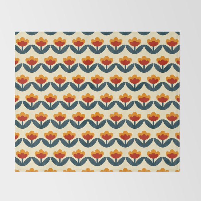 Retro 70s Floral Pattern in Mid-Century Red, Marigold, and Navy  Throw Blanket Gallery Image 2