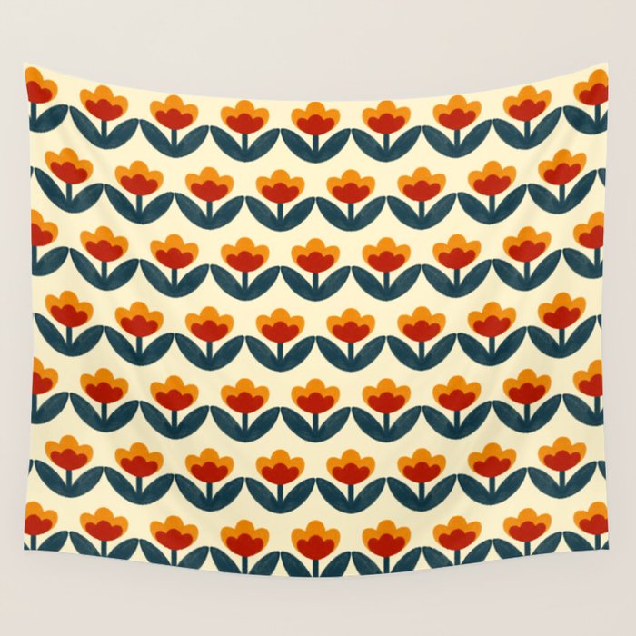 Retro 70s Floral Pattern in Mid-Century Red, Marigold, and Navy  Wall Tapestry Gallery Image 4
