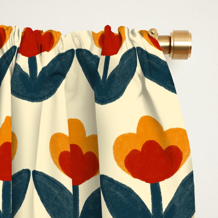 Retro 70s Floral Pattern in Mid-Century Red, Marigold, and Navy  Window Curtain Gallery Image 2