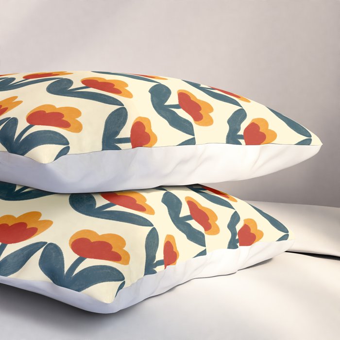 Retro 70s Floral Pattern in Mid-Century Red, Marigold, and Navy  Pillow Sham Gallery Image 3