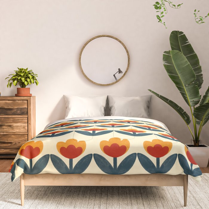 Retro 70s Floral Pattern in Mid-Century Red, Marigold, and Navy  Comforter Gallery Image 3