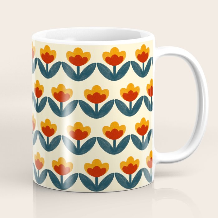 Retro 70s Floral Pattern in Mid-Century Red, Marigold, and Navy  Coffee Mug Gallery Image 1