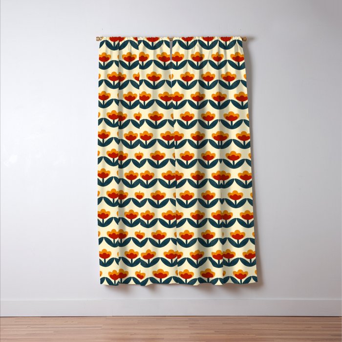 Retro 70s Floral Pattern in Mid-Century Red, Marigold, and Navy  Window Curtain Gallery Image 3