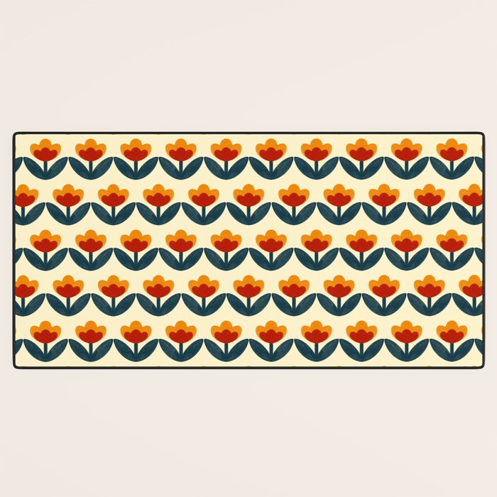 Retro 70s Floral Pattern in Mid-Century Red, Marigold, and Navy  Desk Mat Gallery Image 3