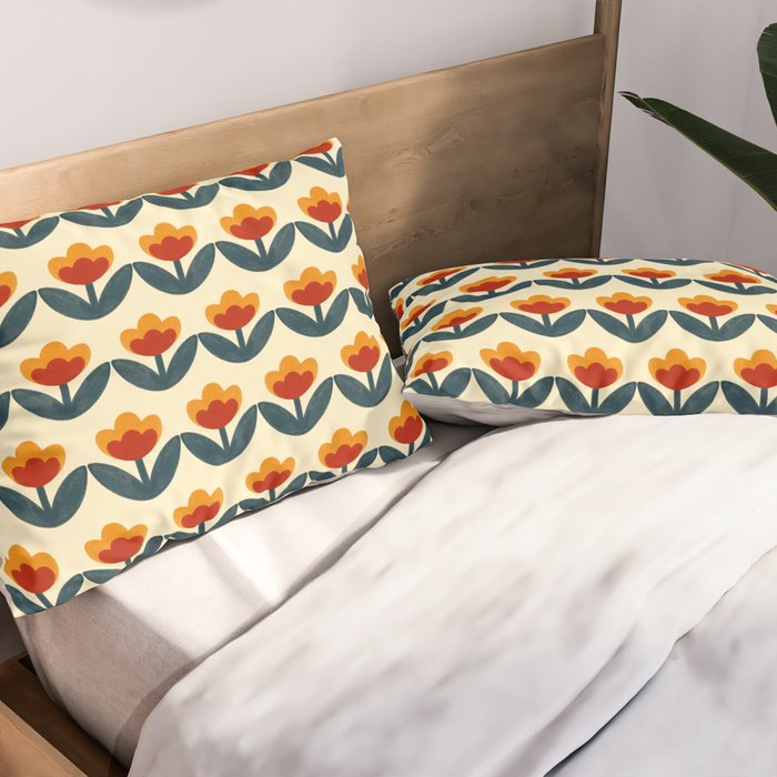 Retro 70s Floral Pattern in Mid-Century Red, Marigold, and Navy  Pillow Sham Gallery Image 2