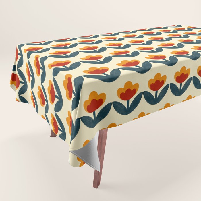 Retro 70s Floral Pattern in Mid-Century Red, Marigold, and Navy  Tablecloth Gallery Image 1