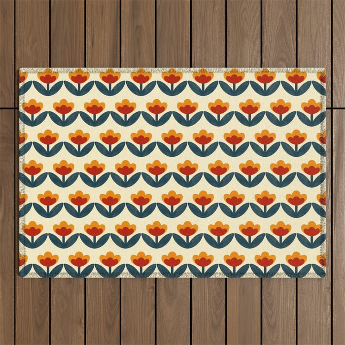 Retro 70s Floral Pattern in Mid-Century Red, Marigold, and Navy  Outdoor Rug Gallery Image 1