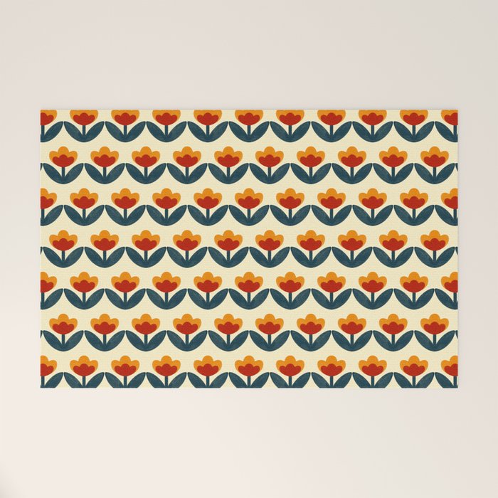 Retro 70s Floral Pattern in Mid-Century Red, Marigold, and Navy  Welcome Mat Gallery Image 1