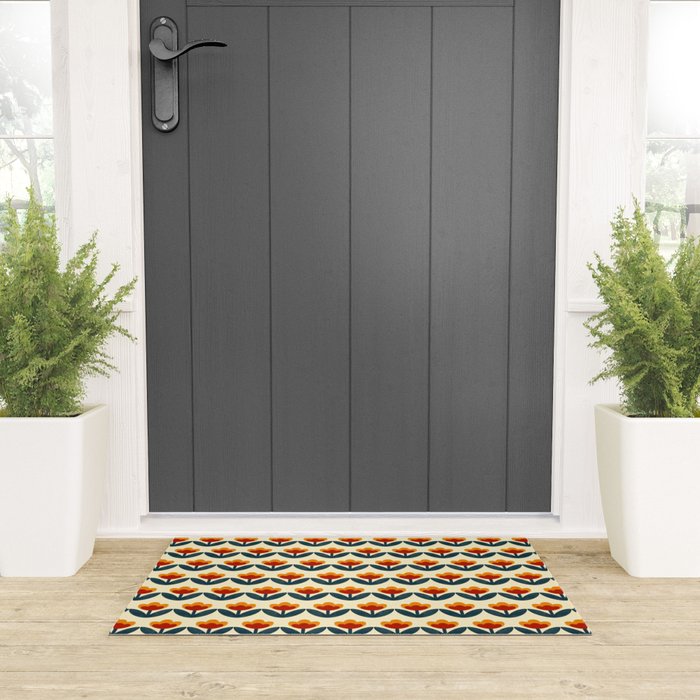 Retro 70s Floral Pattern in Mid-Century Red, Marigold, and Navy  Welcome Mat Gallery Image 3