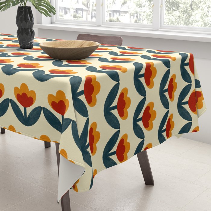Retro 70s Floral Pattern in Mid-Century Red, Marigold, and Navy  Tablecloth Gallery Image 3