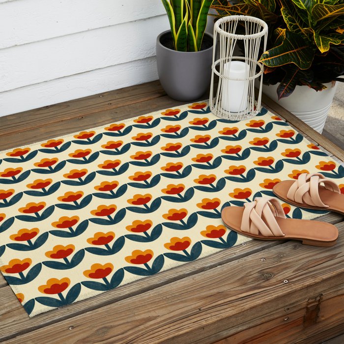 Retro 70s Floral Pattern in Mid-Century Red, Marigold, and Navy  Outdoor Rug Gallery Image 2