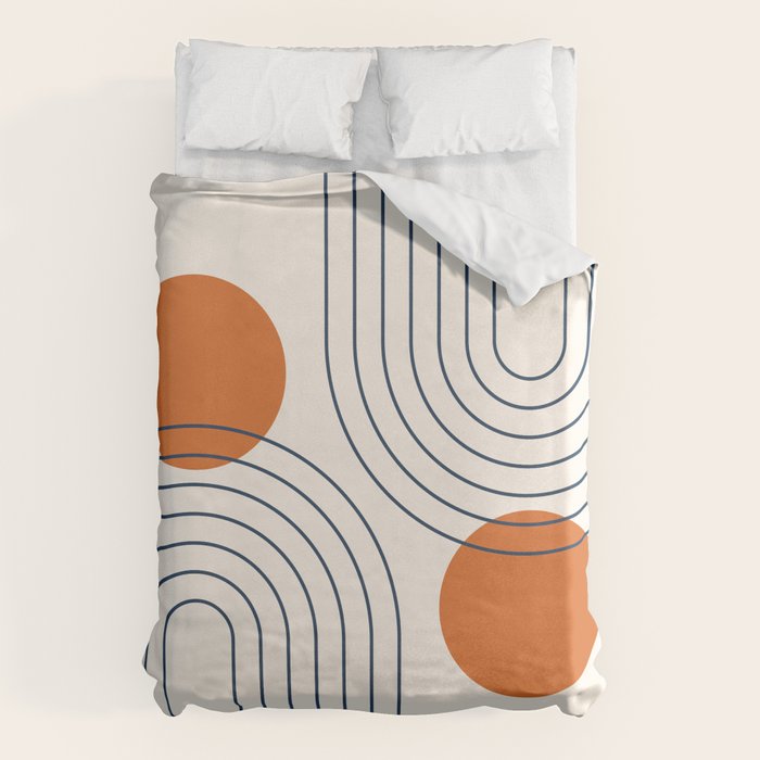 Mid Century Modern Geometric 88 in Navy Blue and Orange (Rainbow and Sun Abstraction) Duvet Cover Gallery Image 6