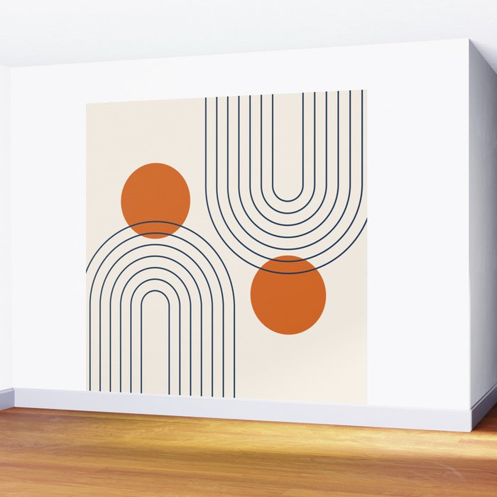 Mid Century Modern Geometric 88 in Navy Blue and Orange (Rainbow and Sun Abstraction) Wall Mural Gallery Image 2