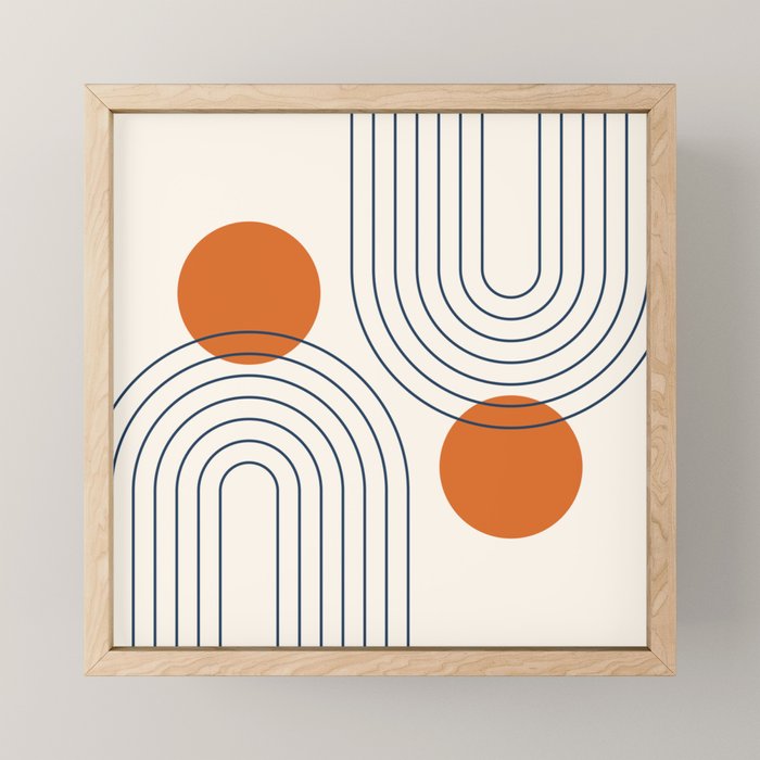 Mid Century Modern Geometric 88 in Navy Blue and Orange (Rainbow and Sun Abstraction) Mini Art Print Gallery Image 1